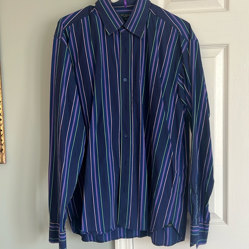 Ted Baker Men’s Navy Multicolor Striped Button Down Shirt Size 5 XL